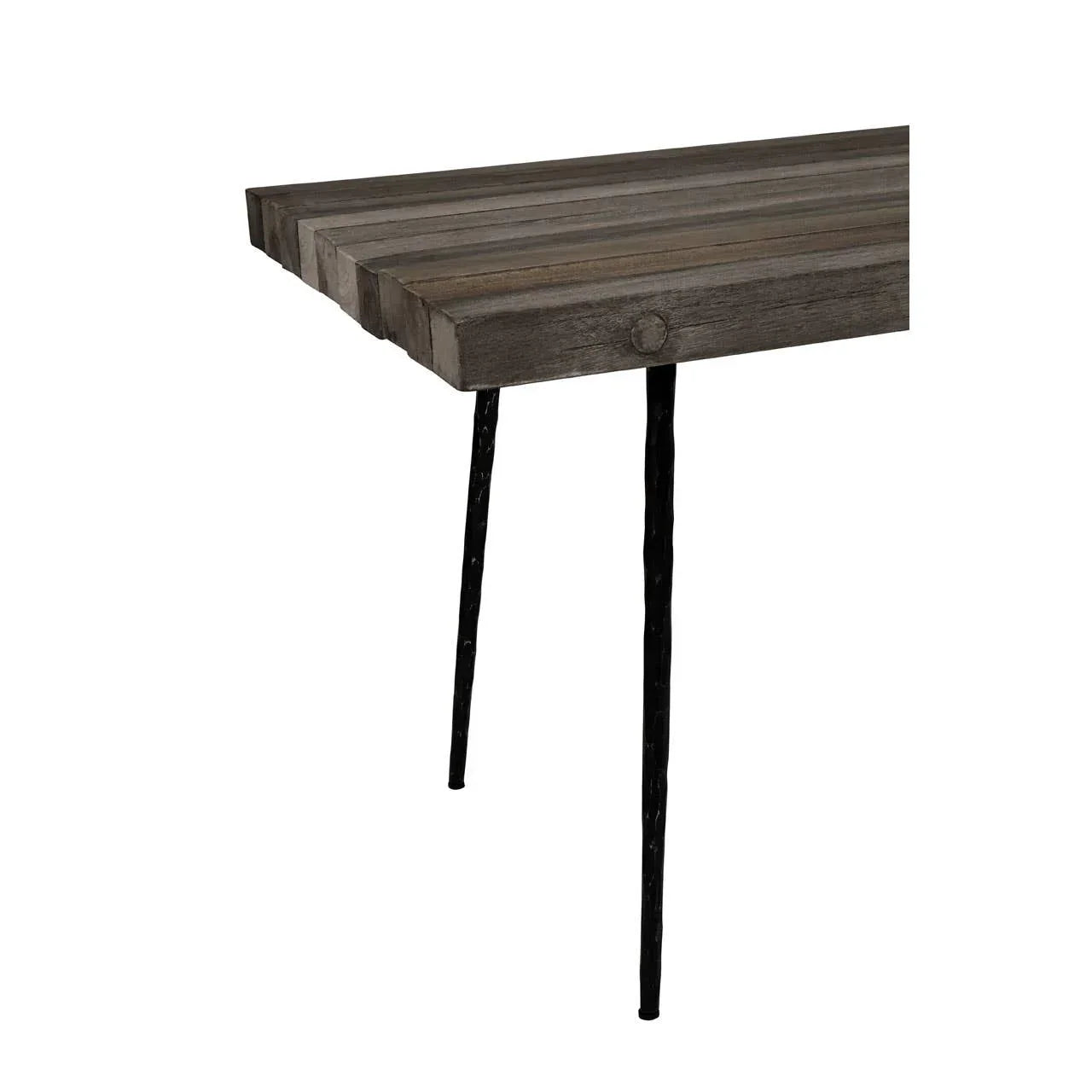 Industrial console table with dark wood slatted top and slim black metal legs, side view