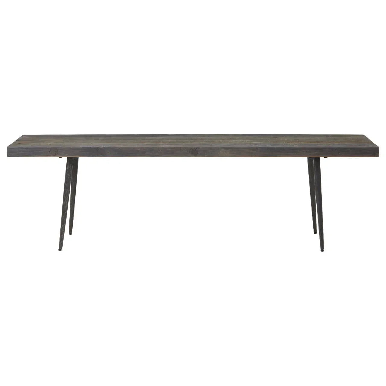 Rustic wooden dining bench with dark finish and slim metal legs, front view