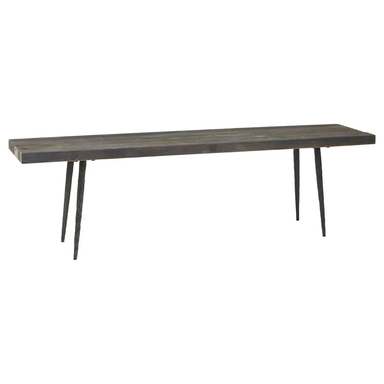 Dark wood dining bench with slim angled metal legs on white background