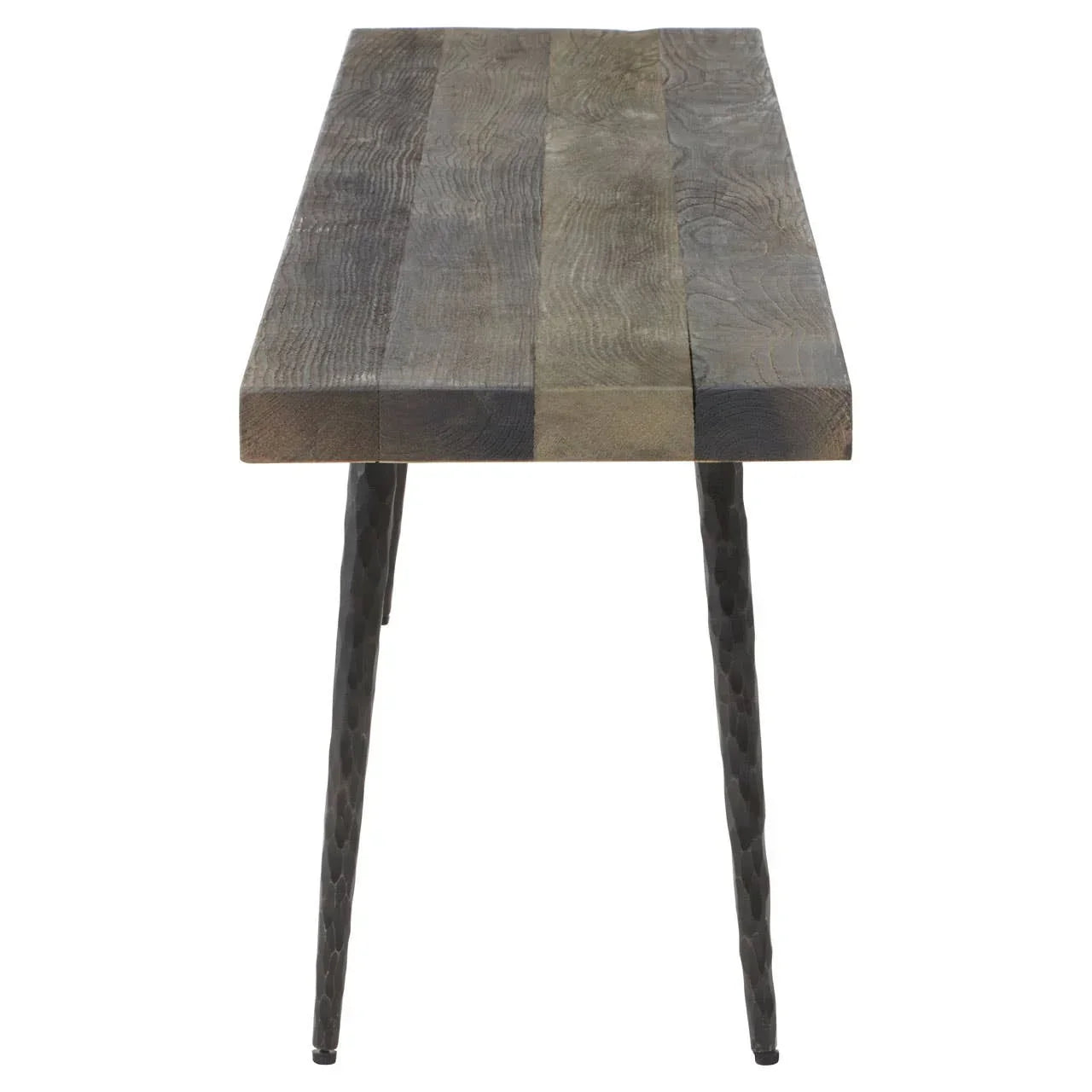 Rectangular wooden dining bench with metal legs, front angle view