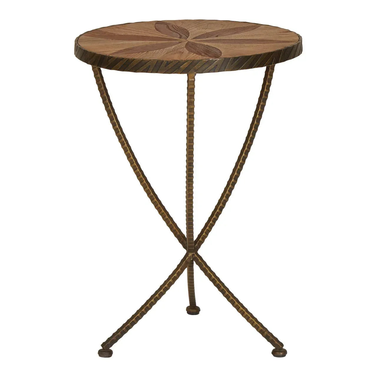 Round wooden side table with metal legs and leaf pattern on top