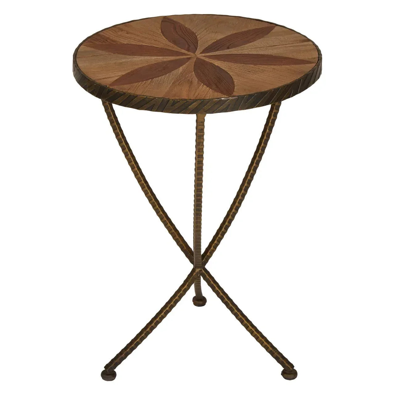 Round wooden side table with floral inlay top and crossed metal legs