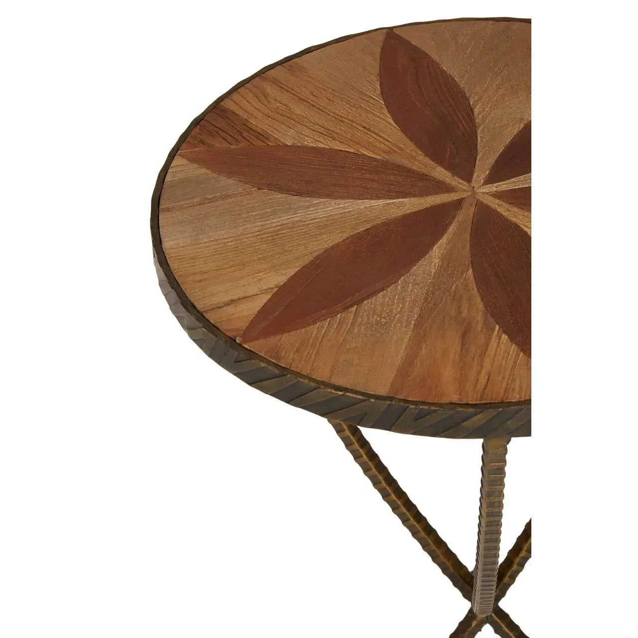 Round wooden side table with inlaid leaf pattern and metal legs, partial close-up view