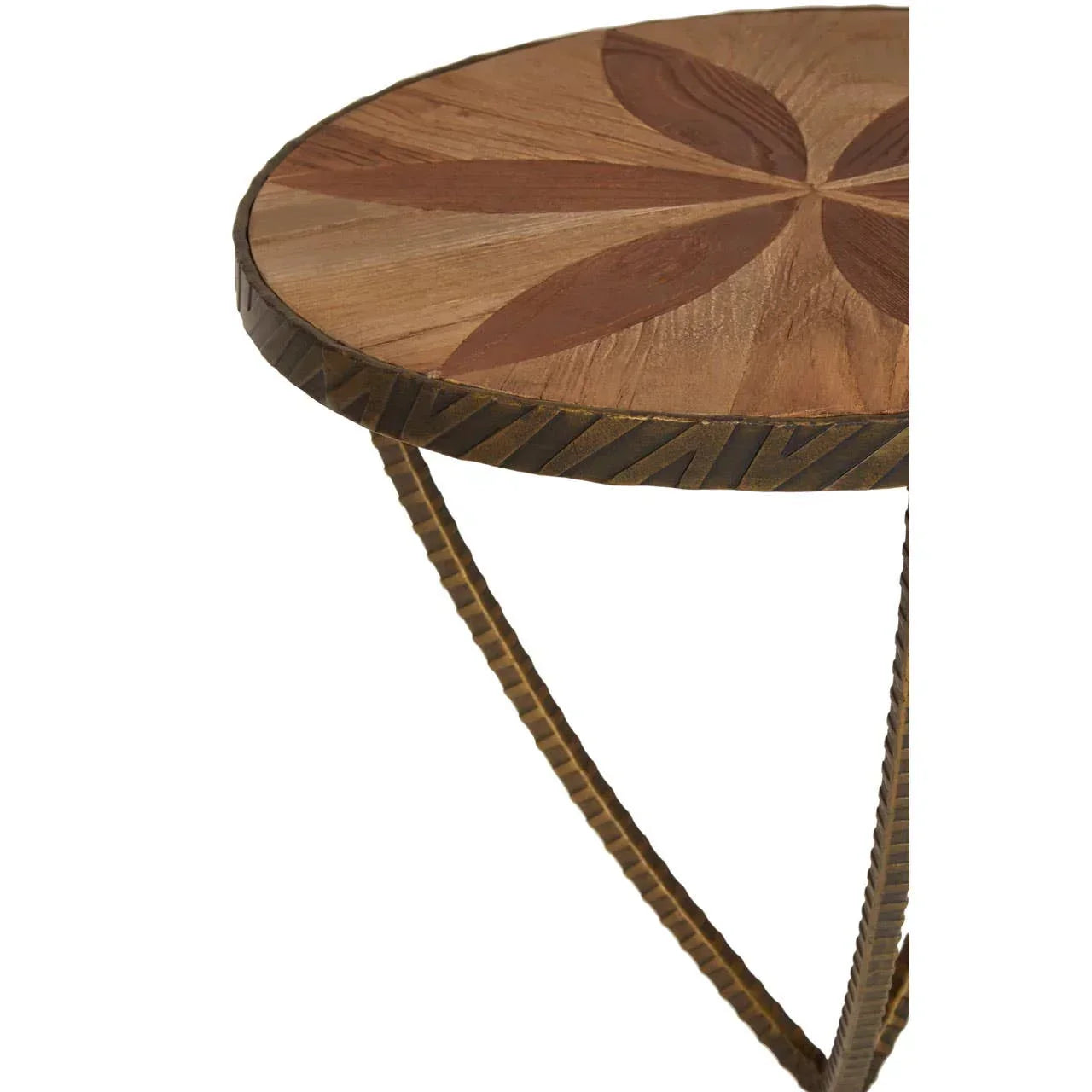 Round wooden side table with inlaid leaf pattern and metal legs