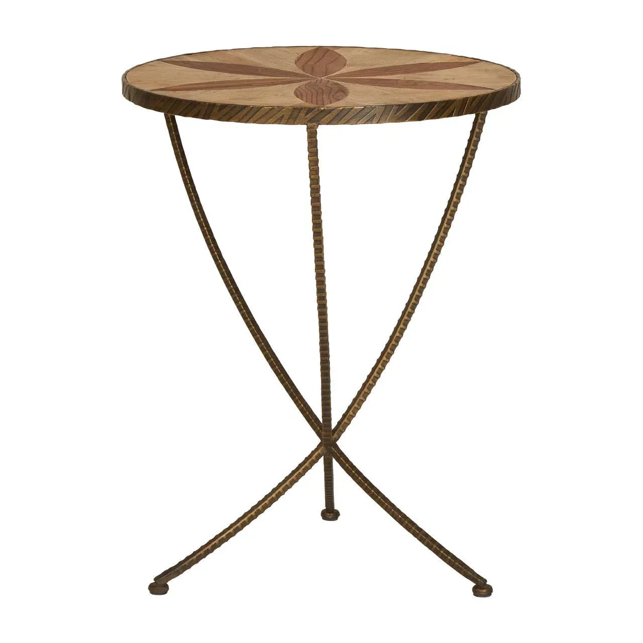 Round wooden side table with patterned top and bronze metal tripod legs