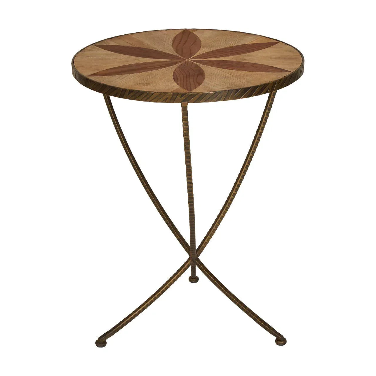 Round side table with wood inlay top and three crossed metal legs