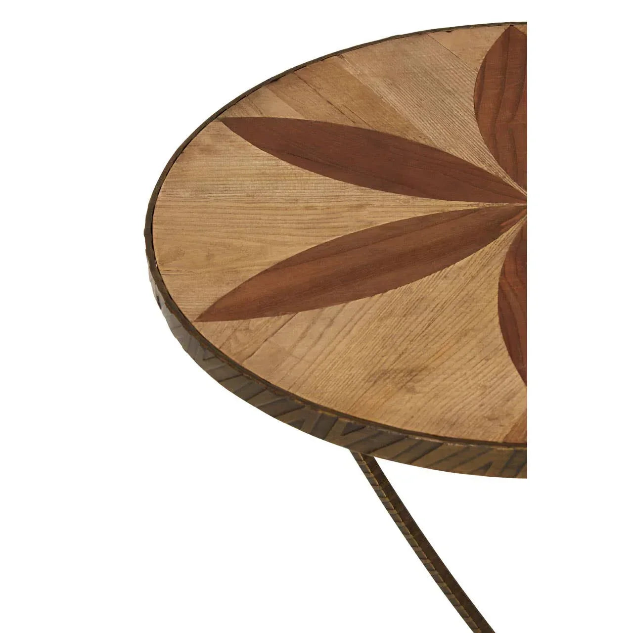 Round wooden side table with starburst inlay and metal tripod legs