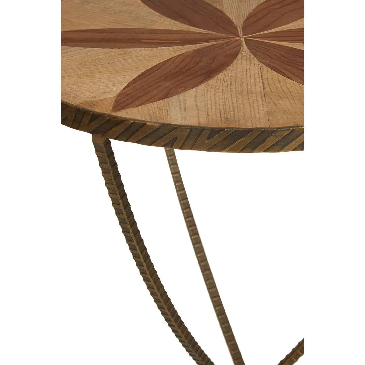 Wooden side table with inlaid geometric pattern and metal legs, partial close-up view