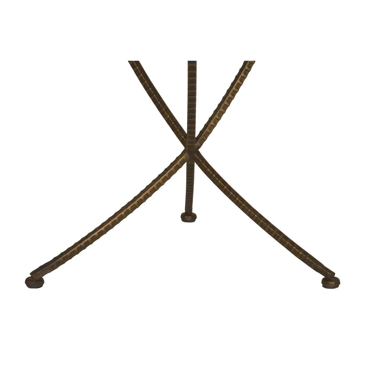 Crossed metal table legs with bronze finish and textured detailing