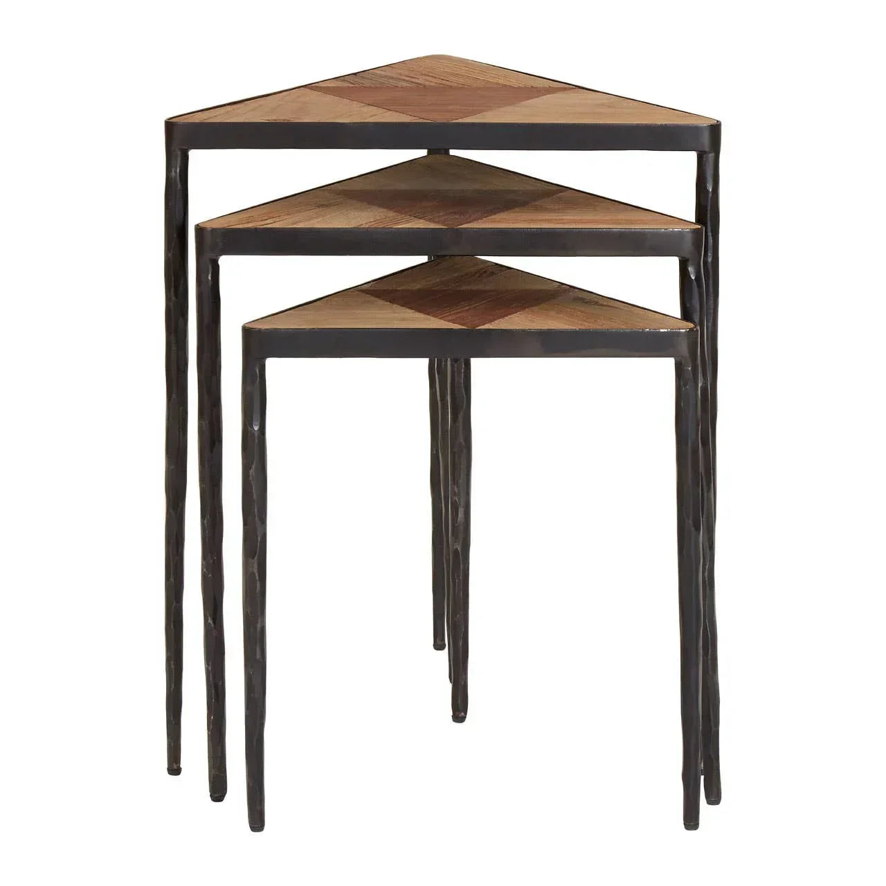 Set of three triangular wood and metal nesting tables with geometric pattern tops