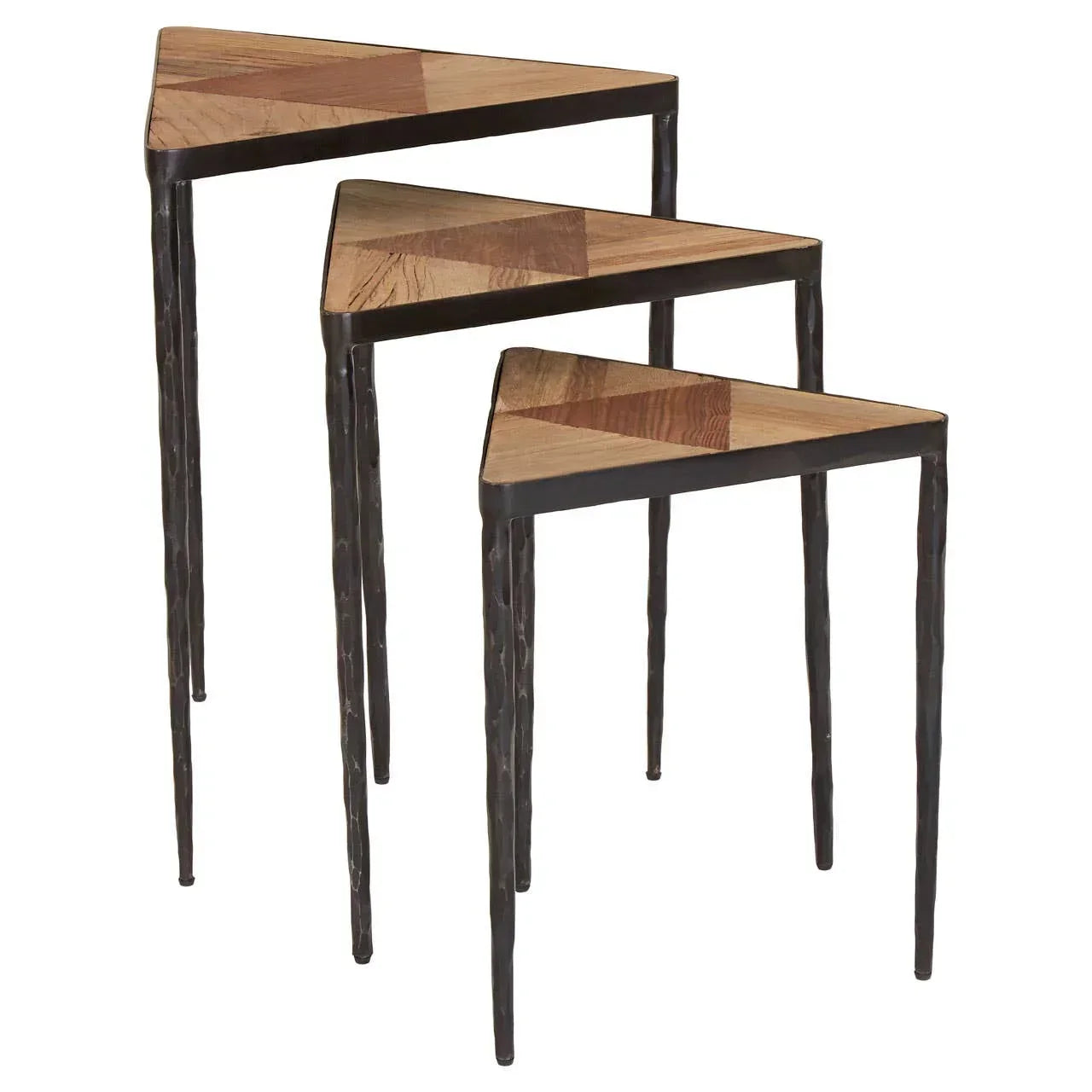 Set of three nesting triangle side tables with wooden tops and metal legs