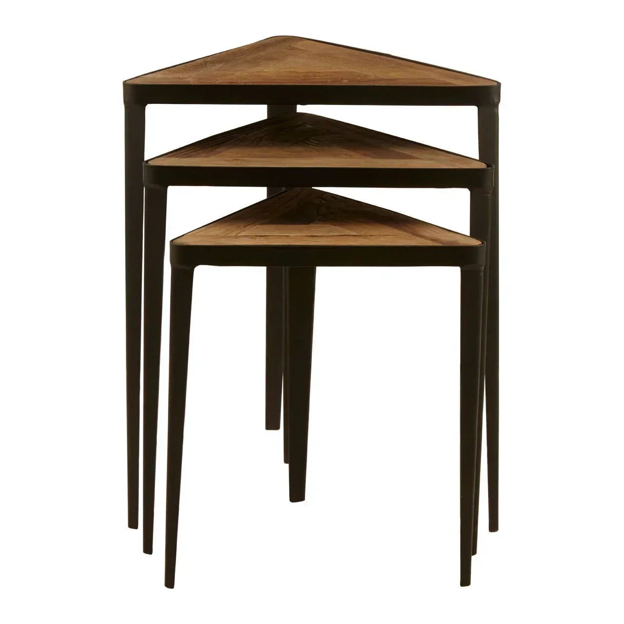 Set of three wooden nesting tables with triangular tops and black metal legs