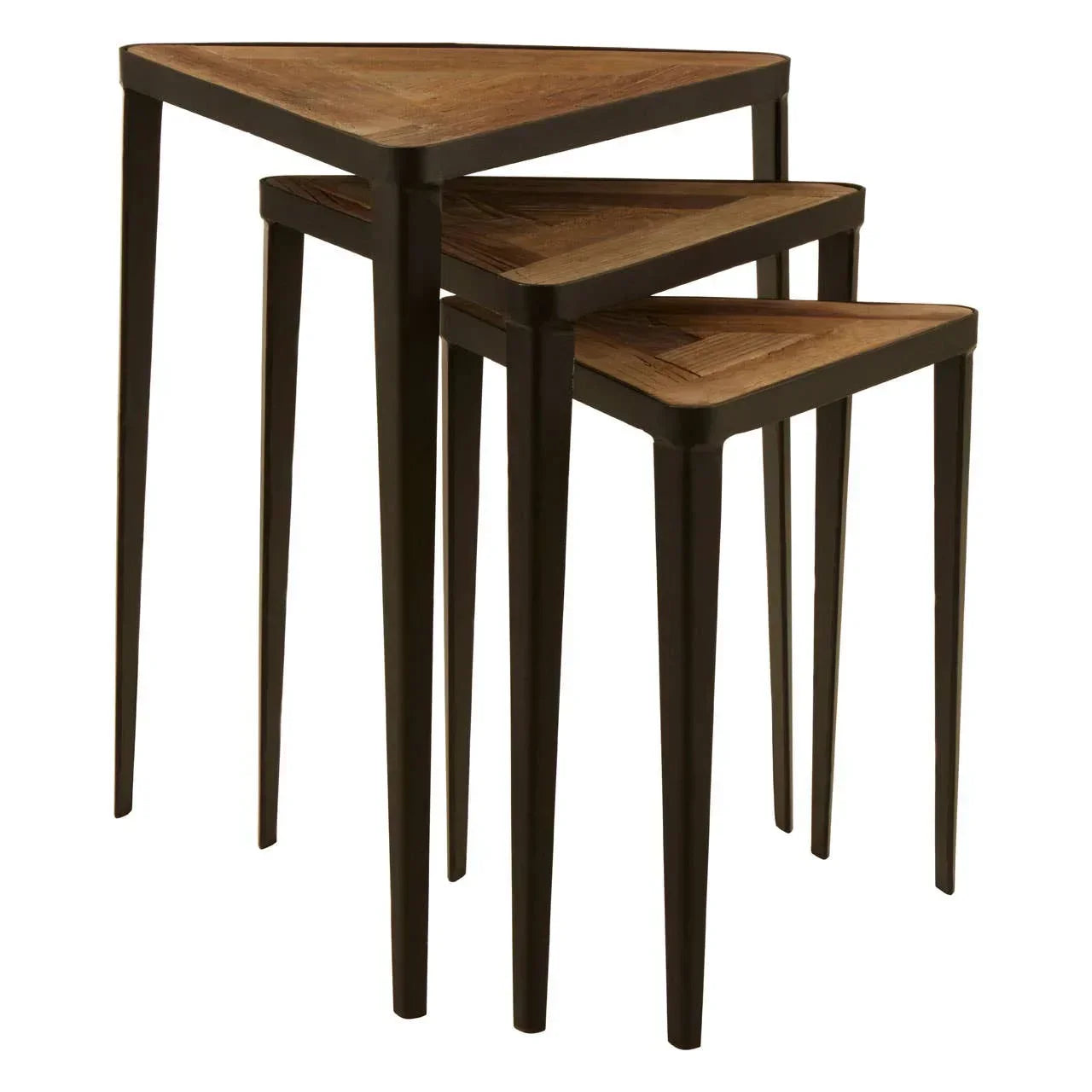 Set of three nesting triangle tables with dark metal legs and wood tops