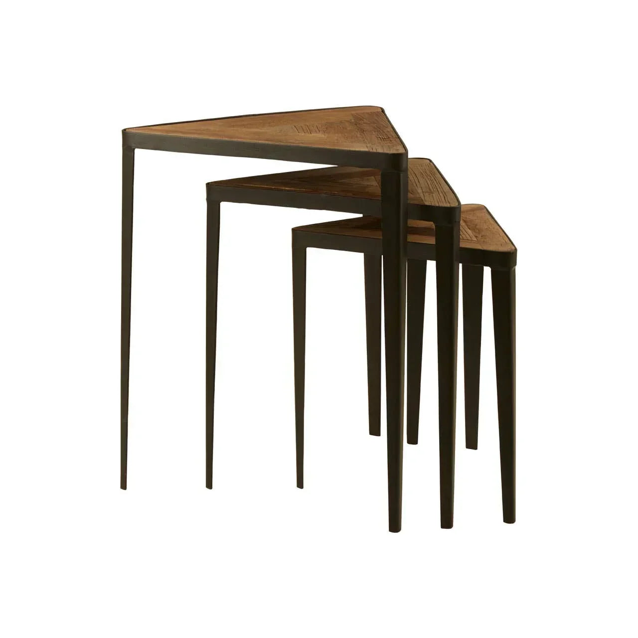 Set of three triangular wooden nesting tables with slim black metal legs