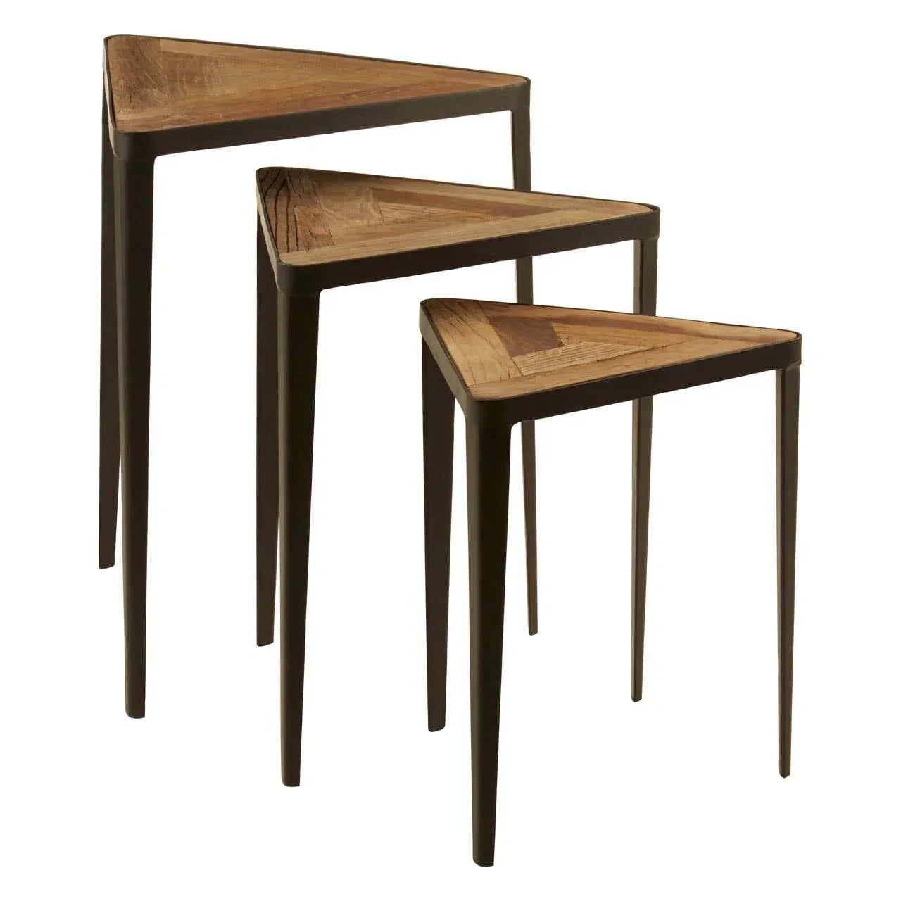 Set of three triangular wooden nesting tables with slim black legs, shown stacked