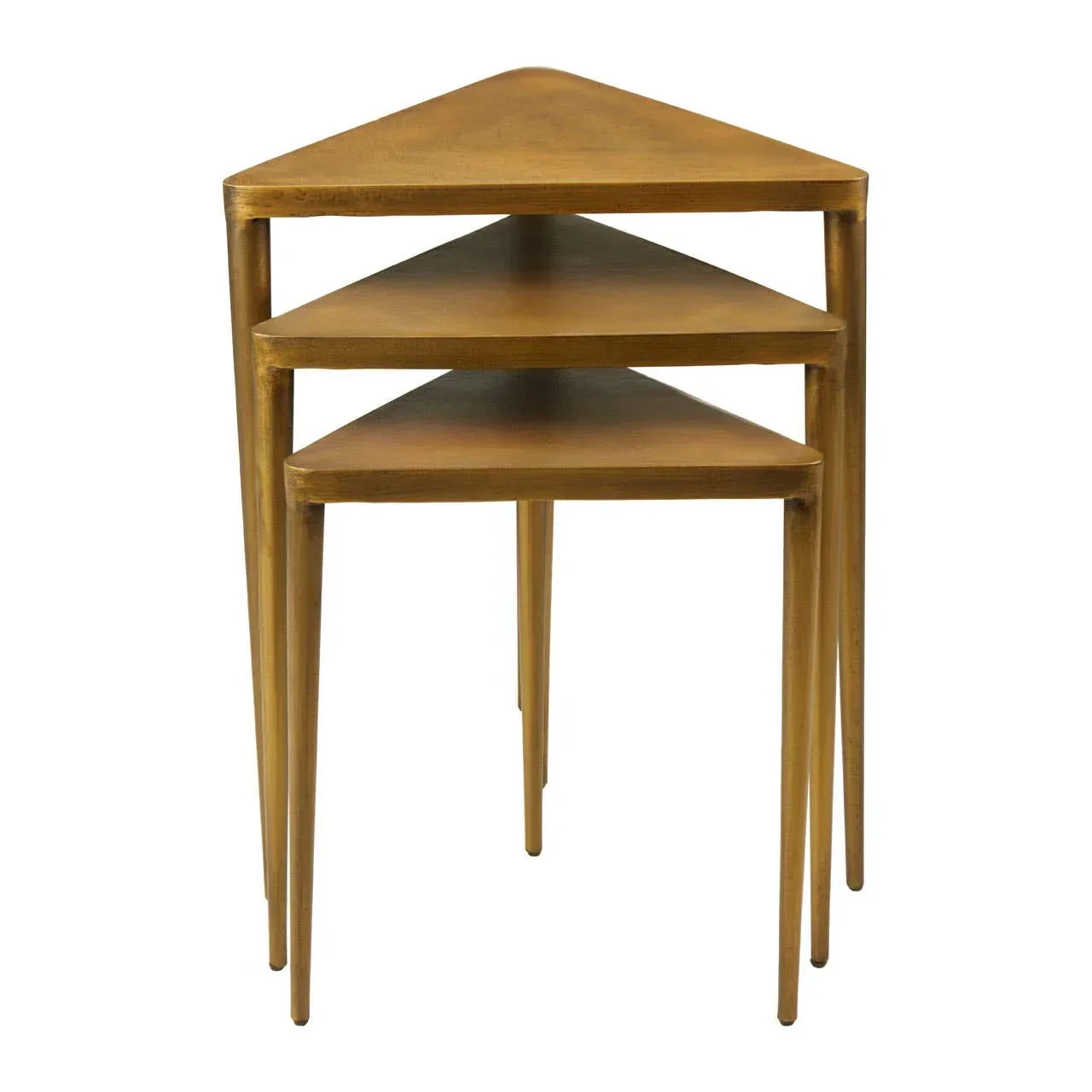 Set of three gold triangle nesting tables with slim legs, stacked front view
