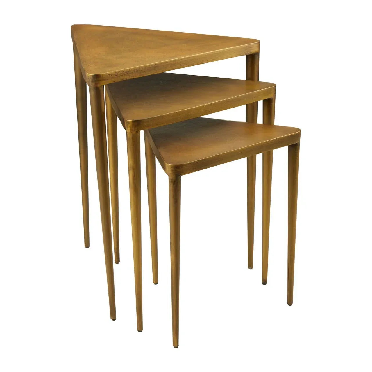 Gold metal triangular nesting tables set with slim legs, shown stacked together