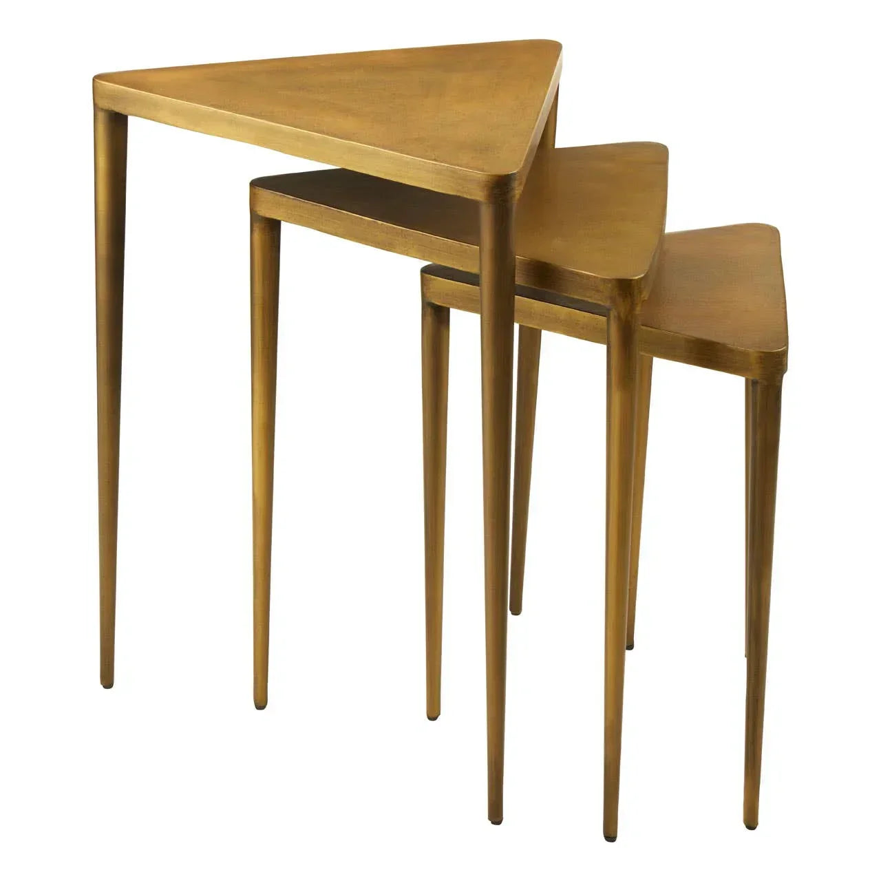 Set of three gold triangular nesting tables with tapered legs, stacked side view