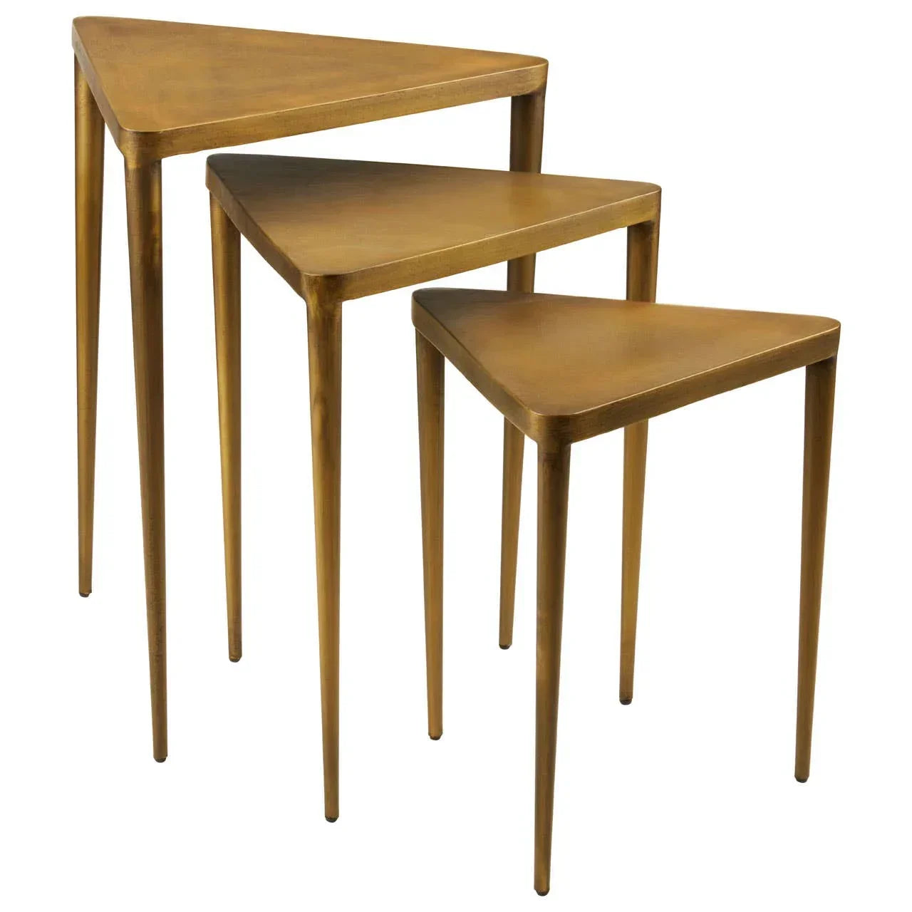 Gold metal nesting tables set with triangular tops and tapered legs