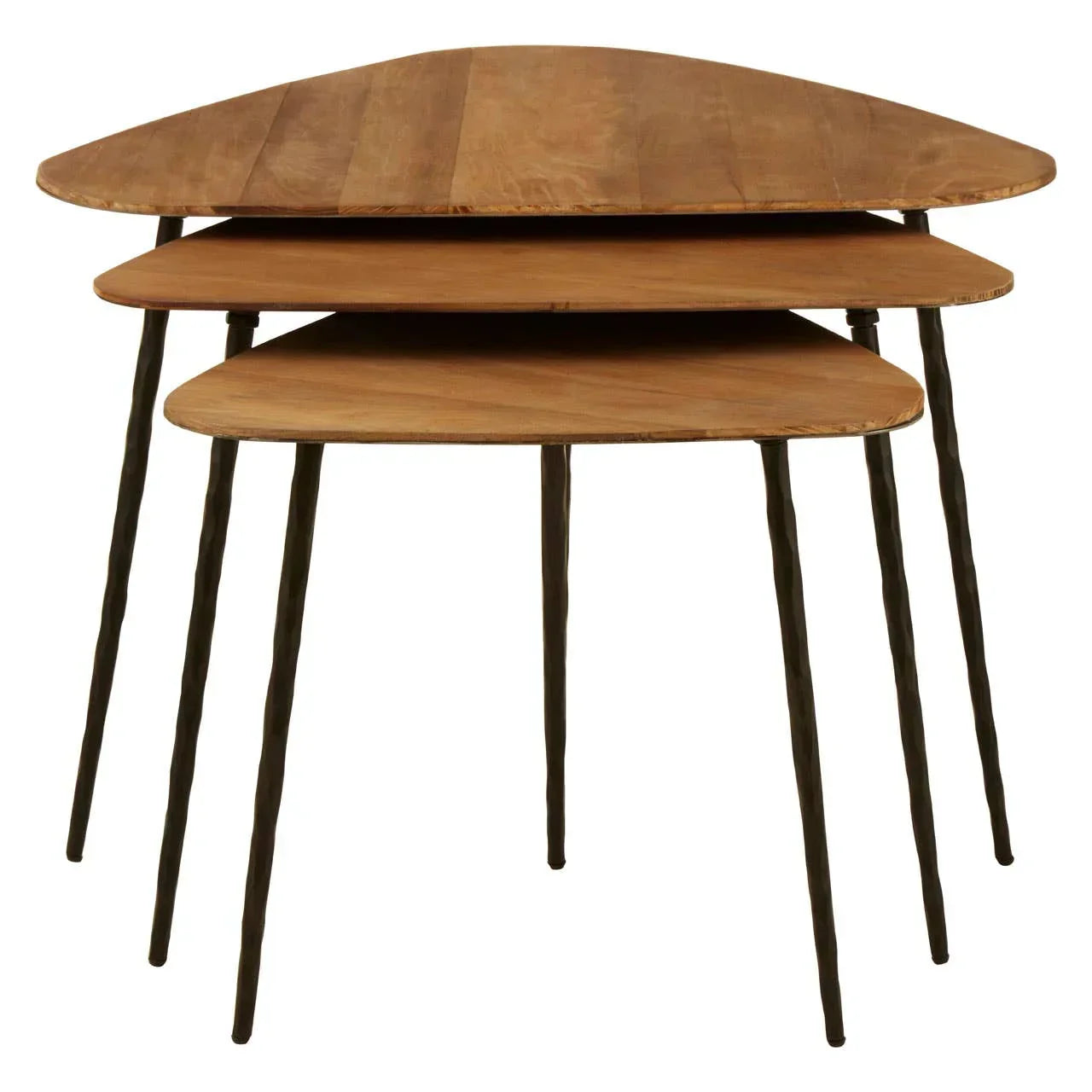 Set of three wooden nesting tables with black metal legs, stacked in a triangle shape