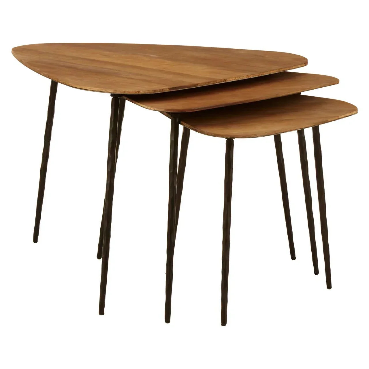 Set of three wooden nesting tables with slim black metal legs