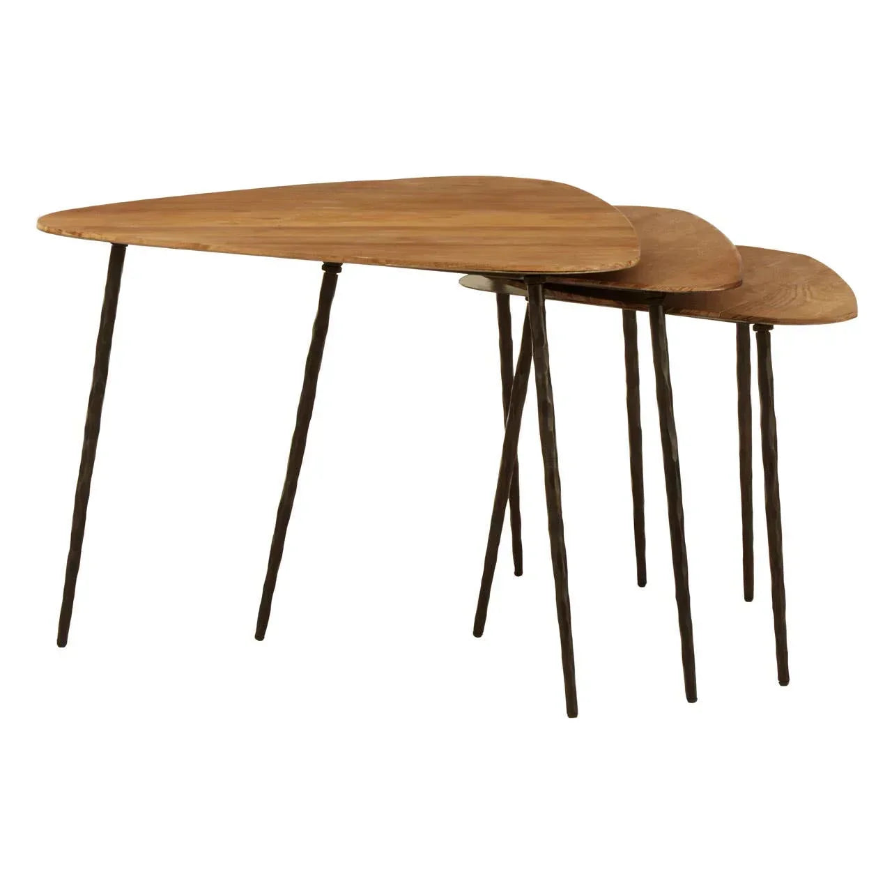 Set of three wooden nesting tables with metal legs in staggered arrangement