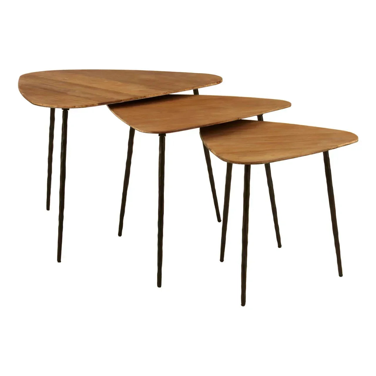 Set of three wooden nesting tables with metal legs, arranged in graduating size