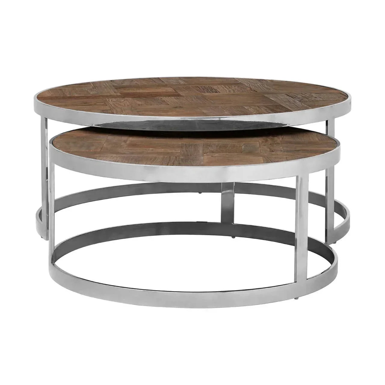 Round nesting coffee table set with wood tops and silver metal frames