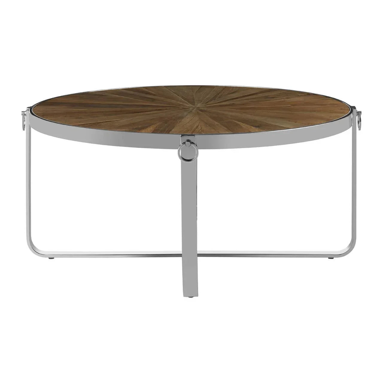 Round coffee table with wood top and chrome metal frame, modern living room furniture