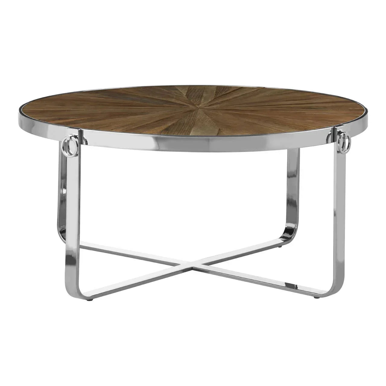 Round coffee table with wood veneer top and chrome metal legs