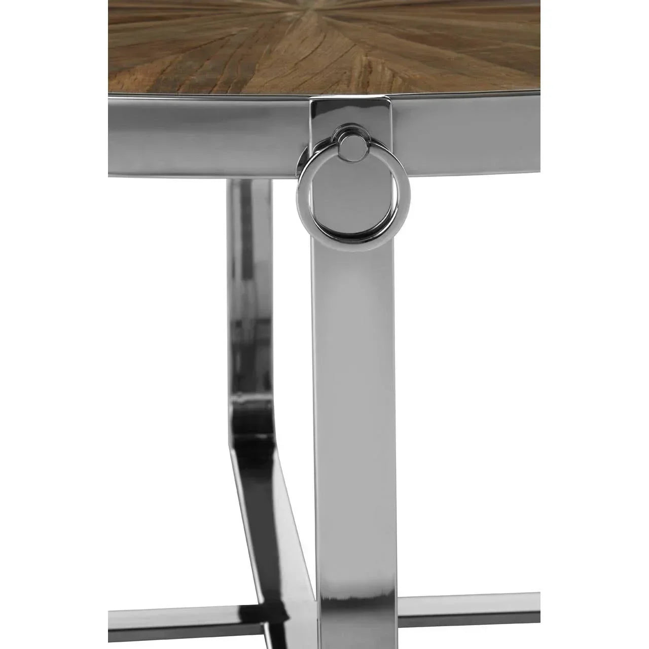 close-up of round wood and chrome coffee table leg with decorative ring detail