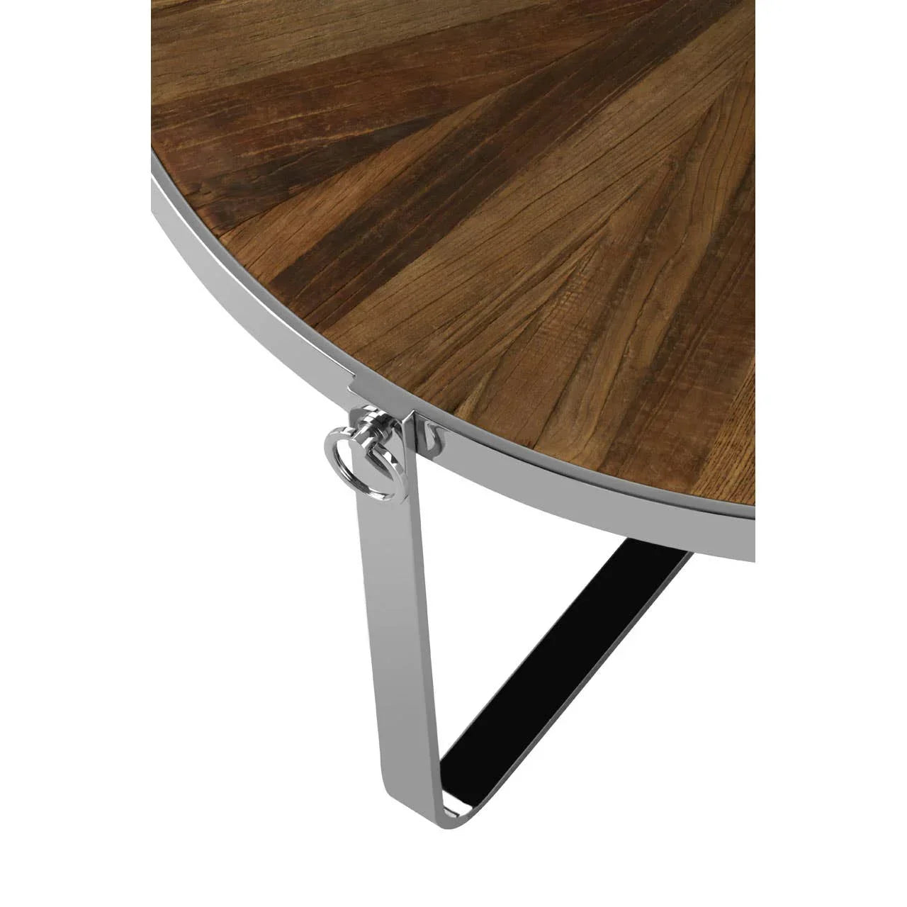 Round wood coffee table with chrome frame and metal legs, close-up of tabletop detail
