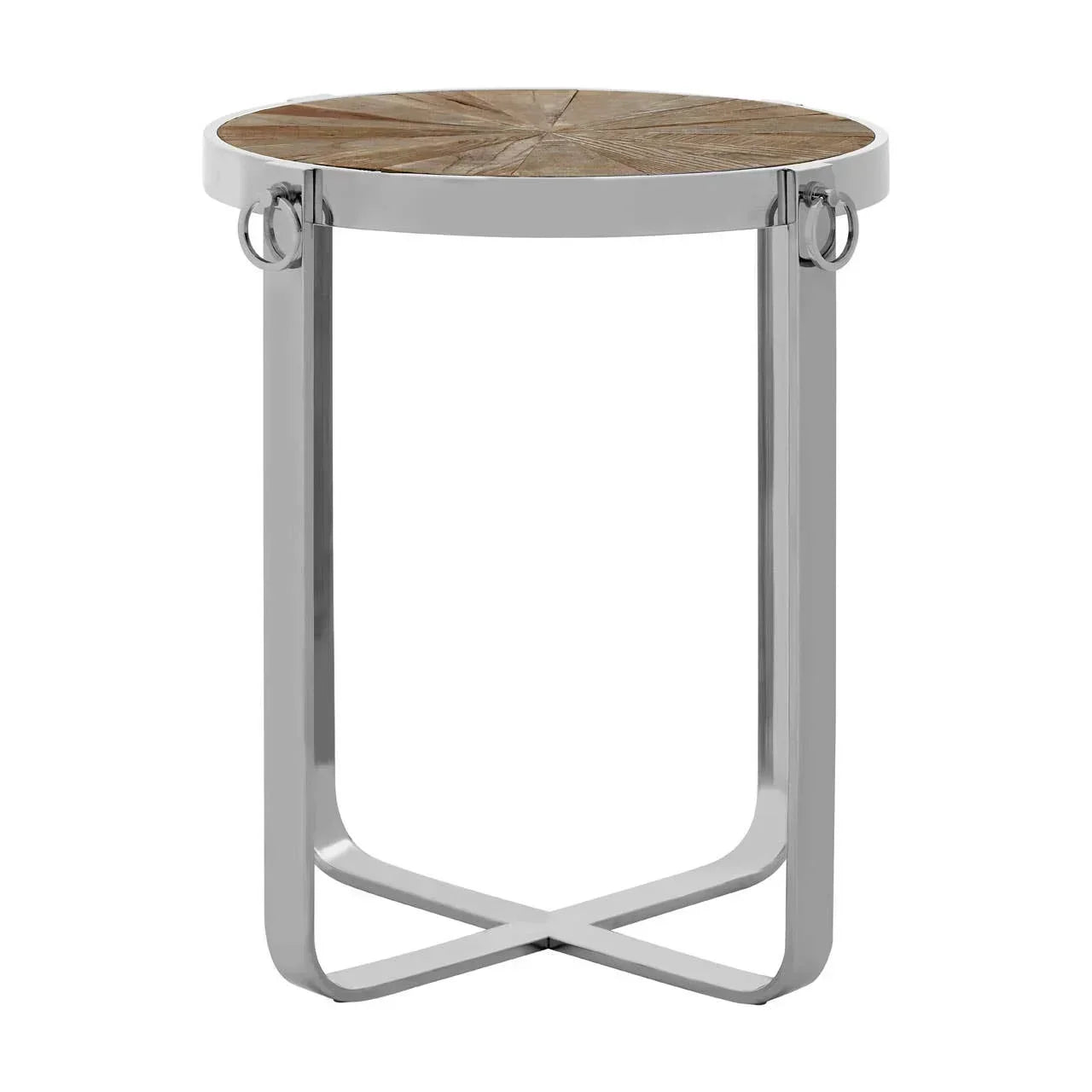 round side table with wood top and chrome metal frame, modern cross-leg base