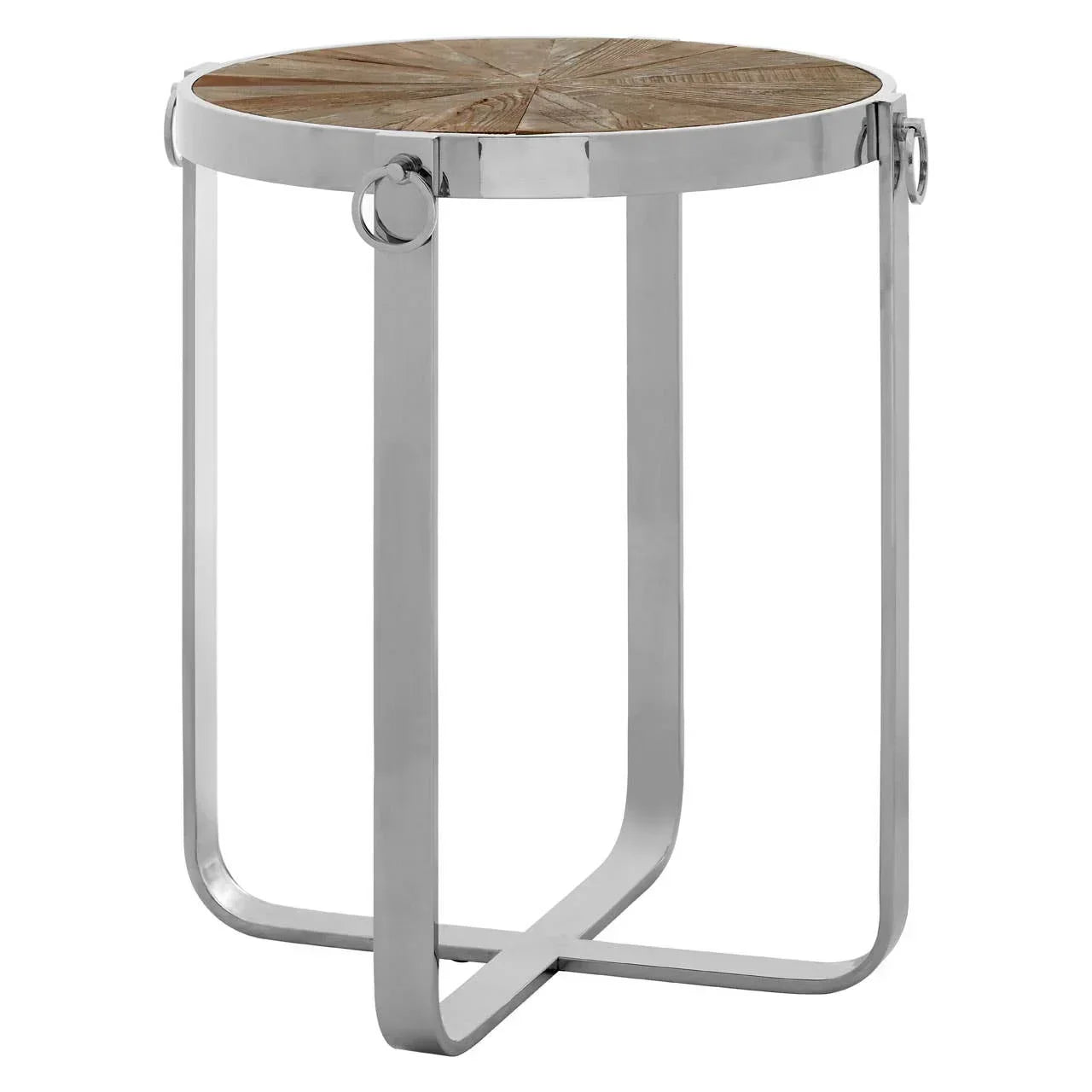 Round side table with wooden top and chrome metal legs, modern living room furniture