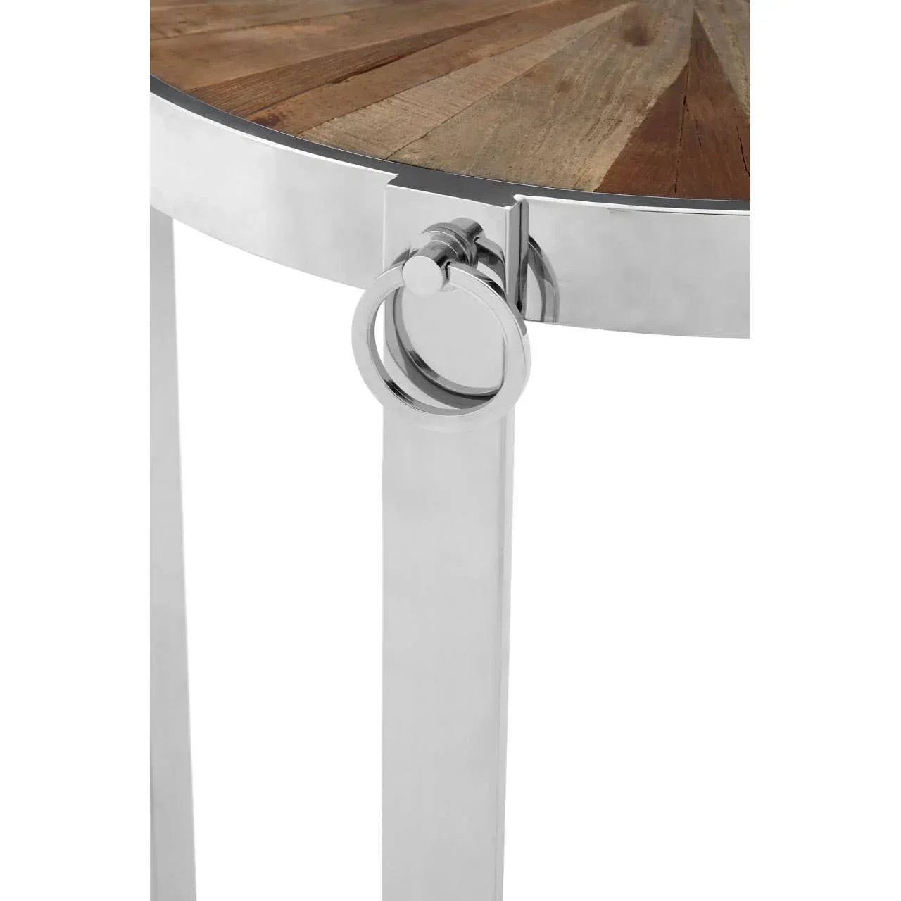 Closeup of side table with wooden top and chrome legs featuring decorative ring detail