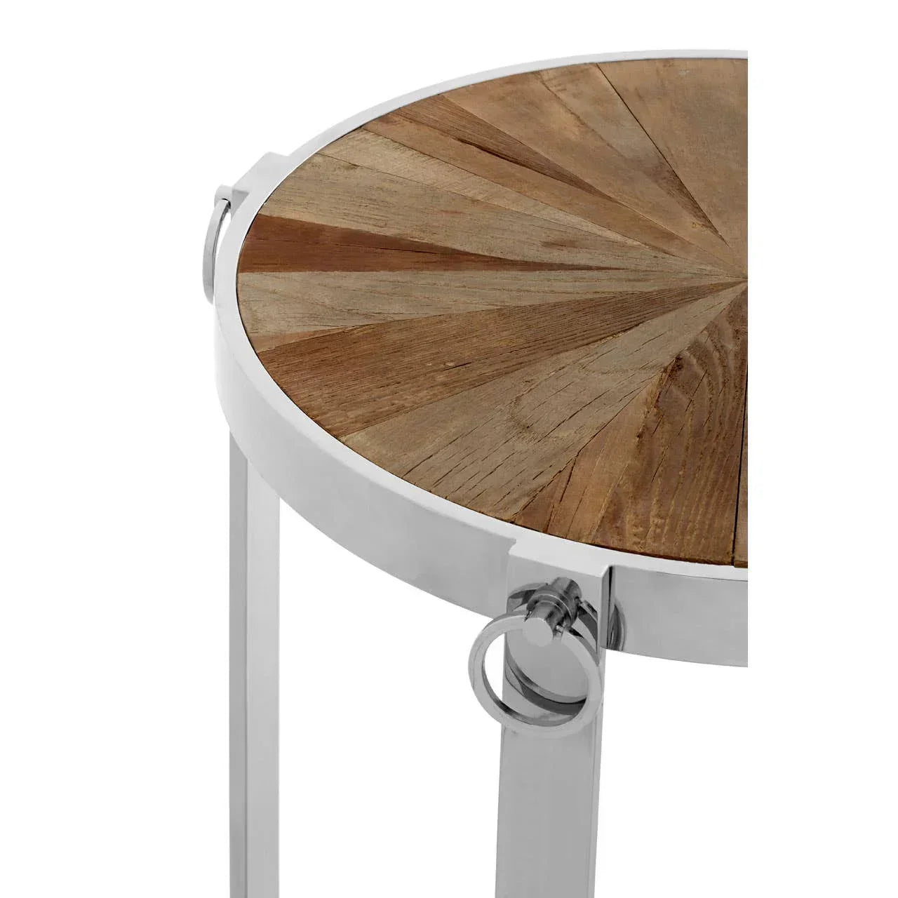 Round side table with sunburst wooden top and chrome frame, close view of ring detail