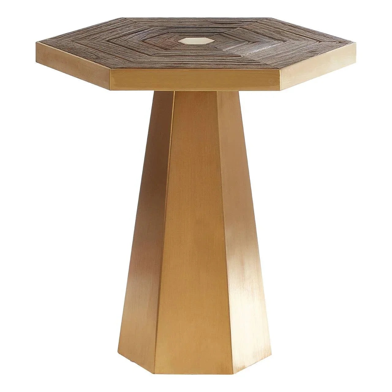 Hexagonal wooden side table with gold pedestal base and geometric top design