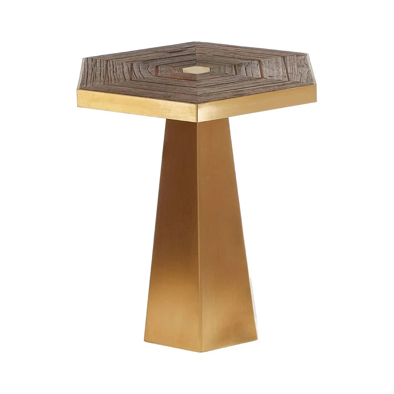 Hexagonal side table with gold metal base and textured wood top