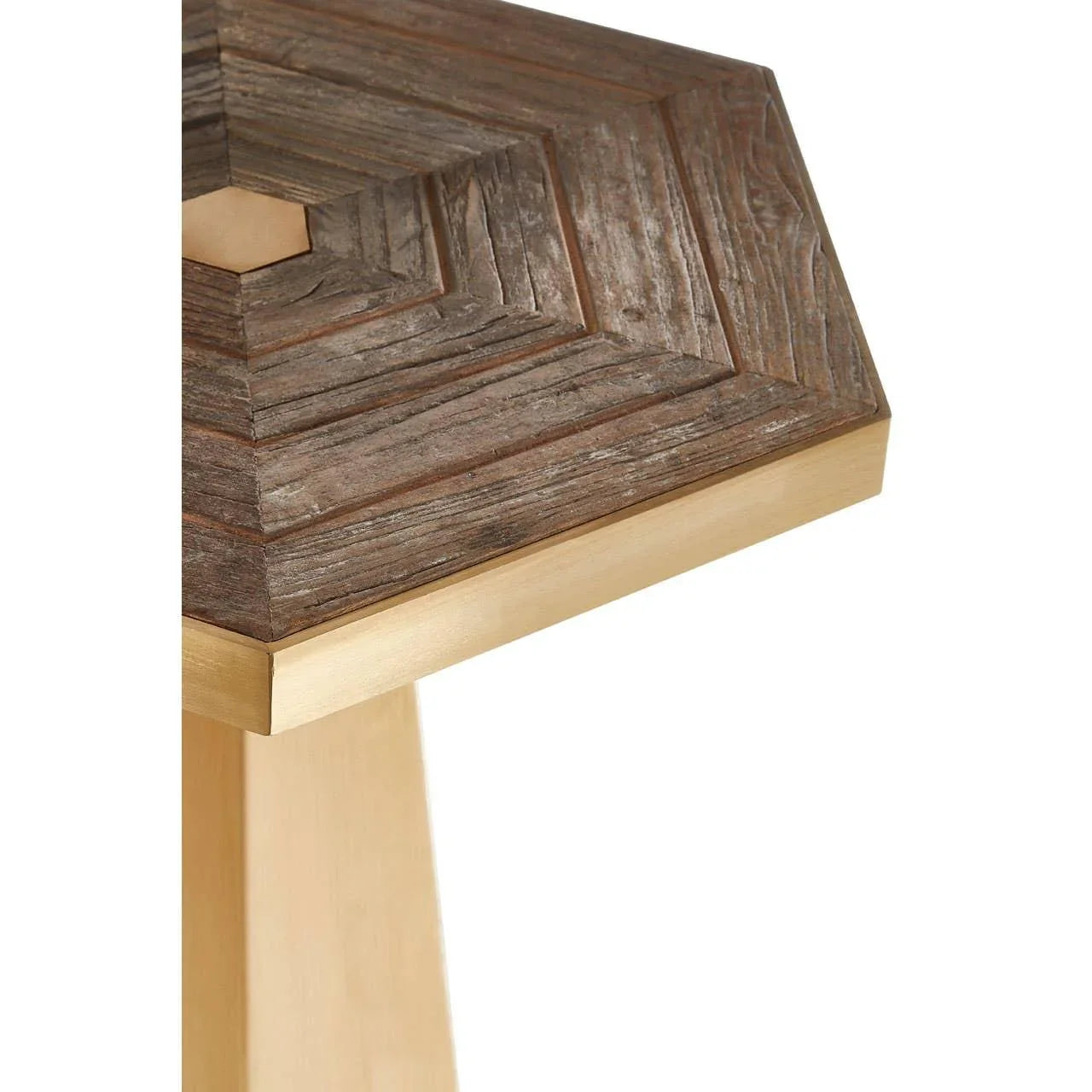 Hexagonal wooden side table with textured rustic top and gold metal trim