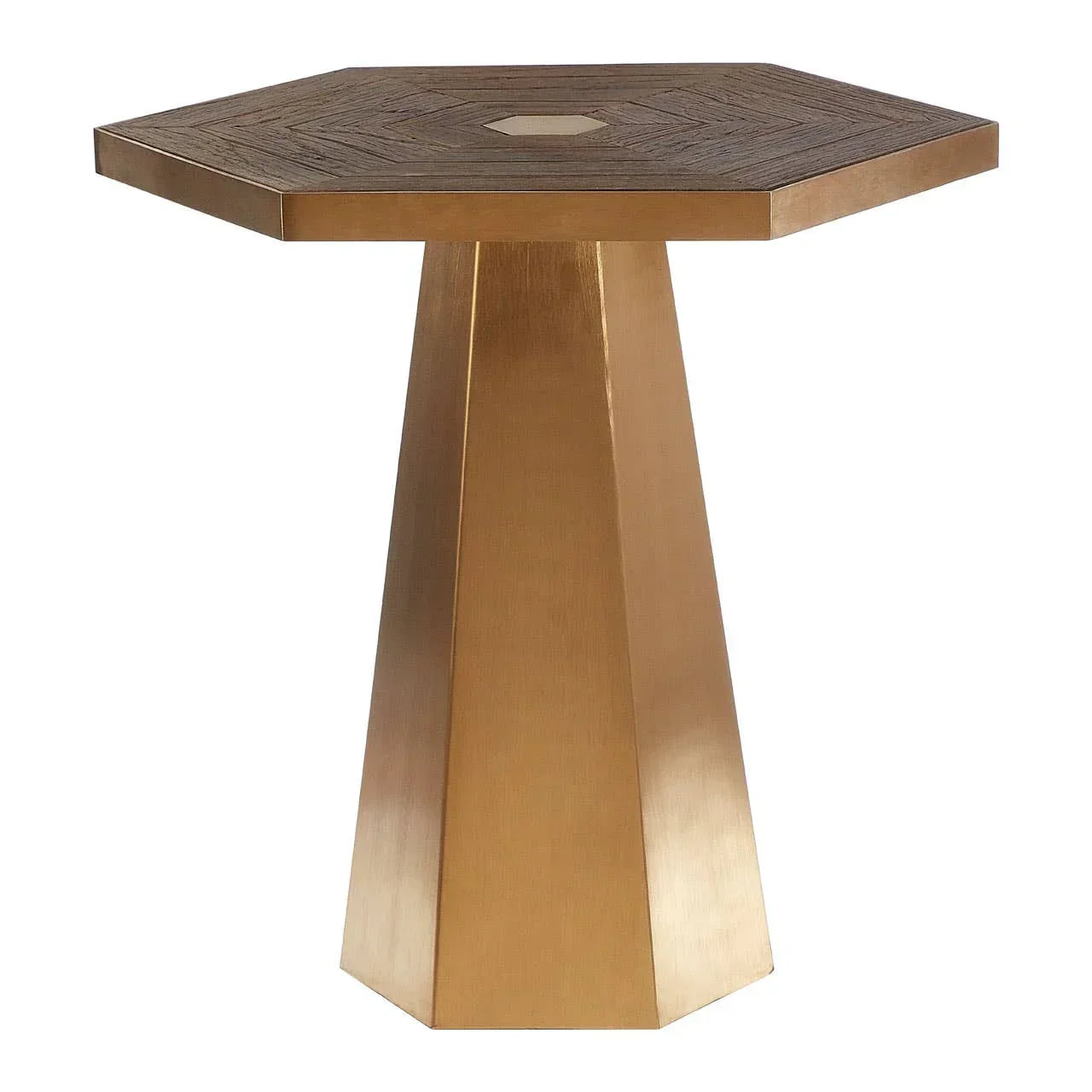 Hexagonal side table with wood top and gold metal pedestal base