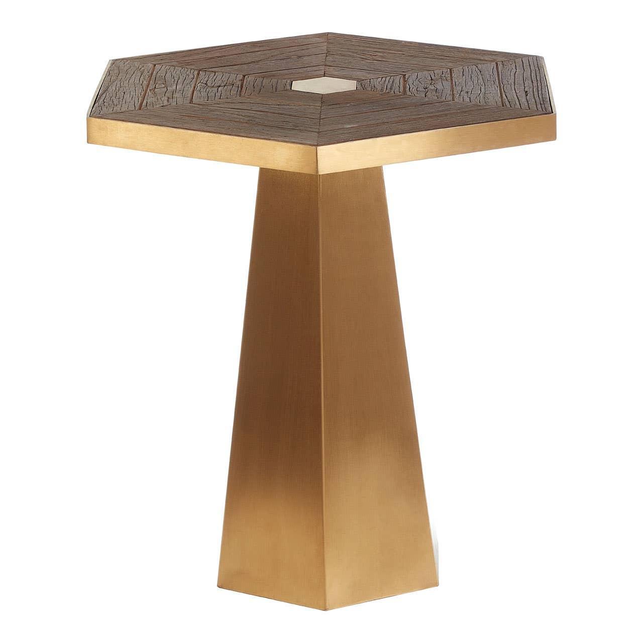 Hexagonal gold side table with textured dark wood top and pedestal base