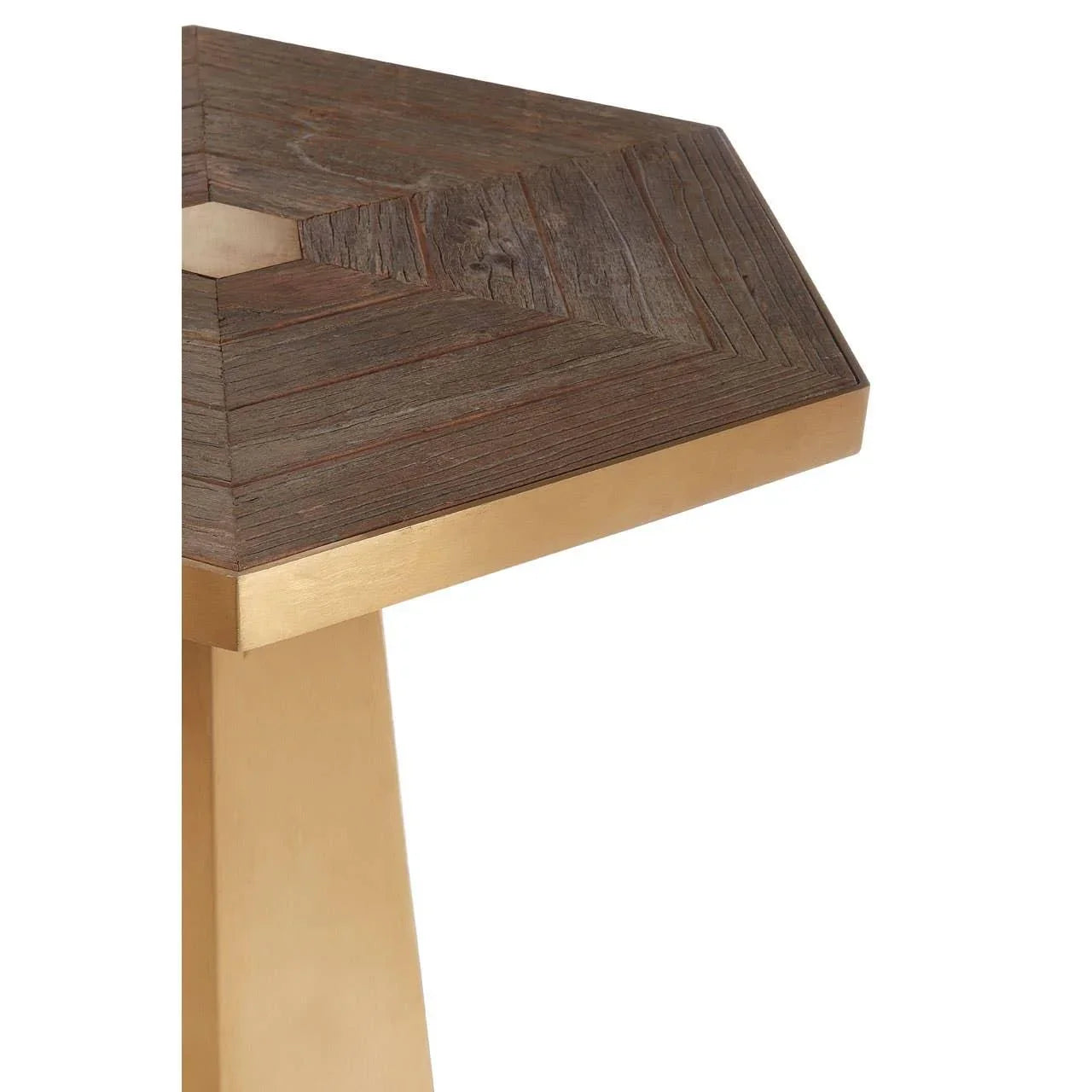 Hexagonal side table with dark wood top and gold metal trim, close-up corner view