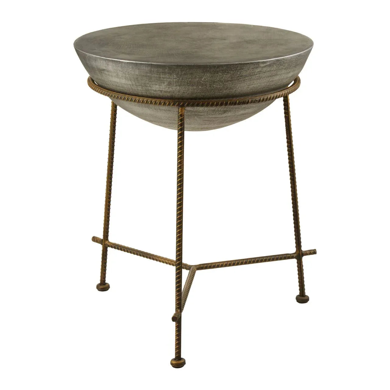 Round concrete side table with raised bowl top on metal frame and tripod base