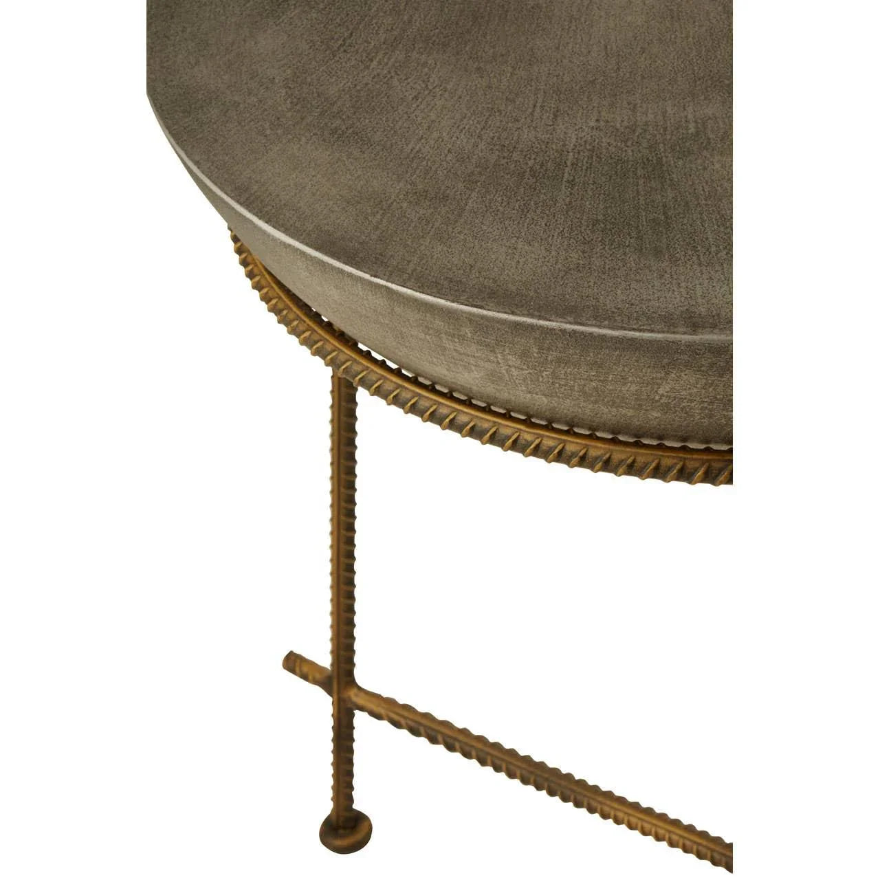 Round side table with textured grey top and gold metal frame, close-up angle