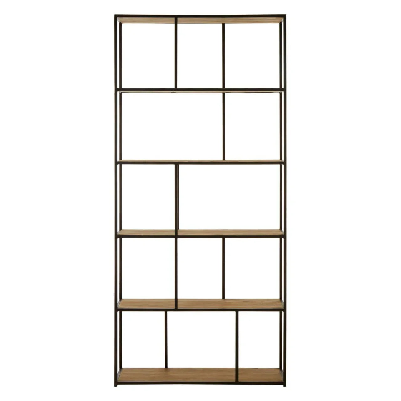 Industrial bookcase with black metal frame and wooden shelves, front view