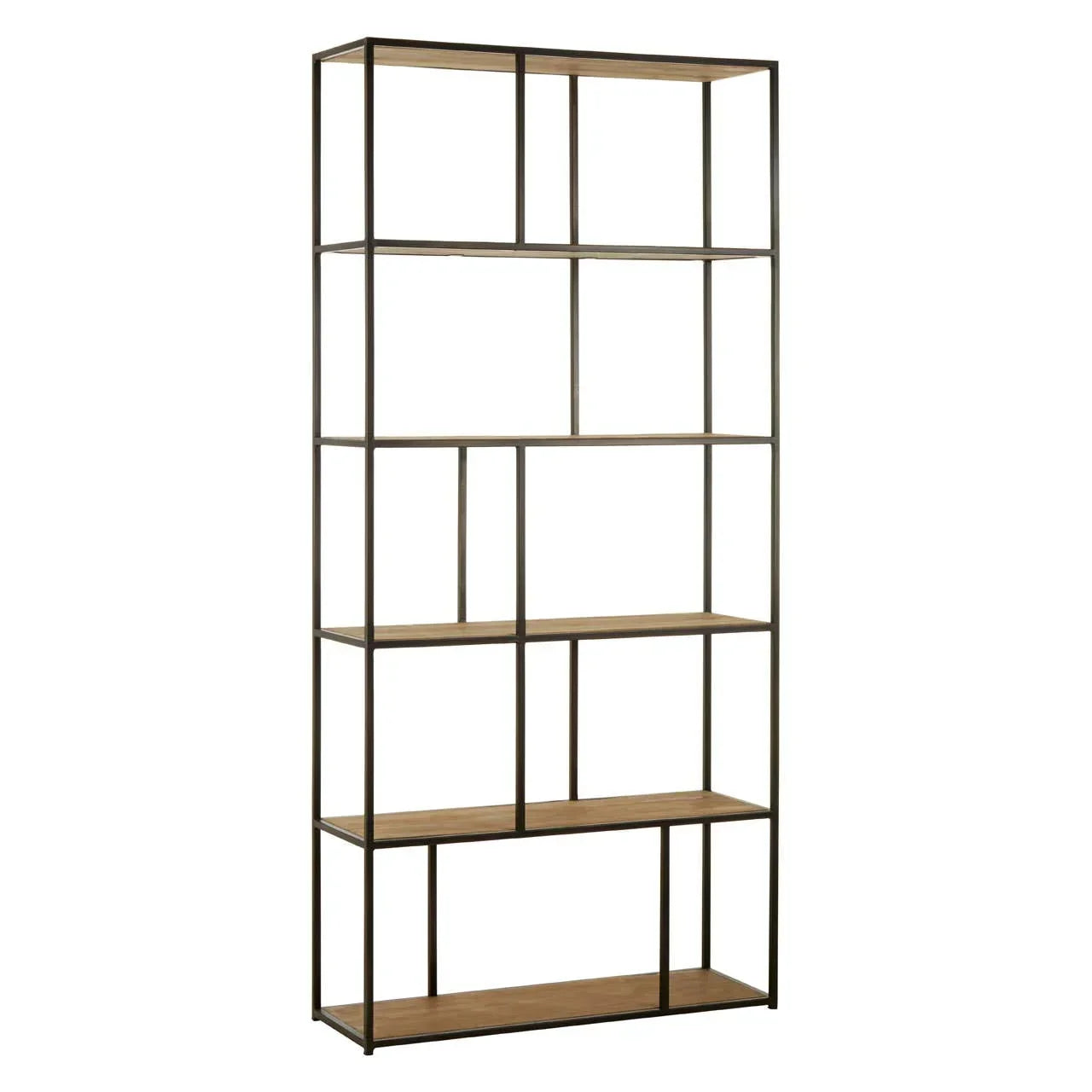 Tall industrial bookcase with black metal frame and five wood shelves, open back design