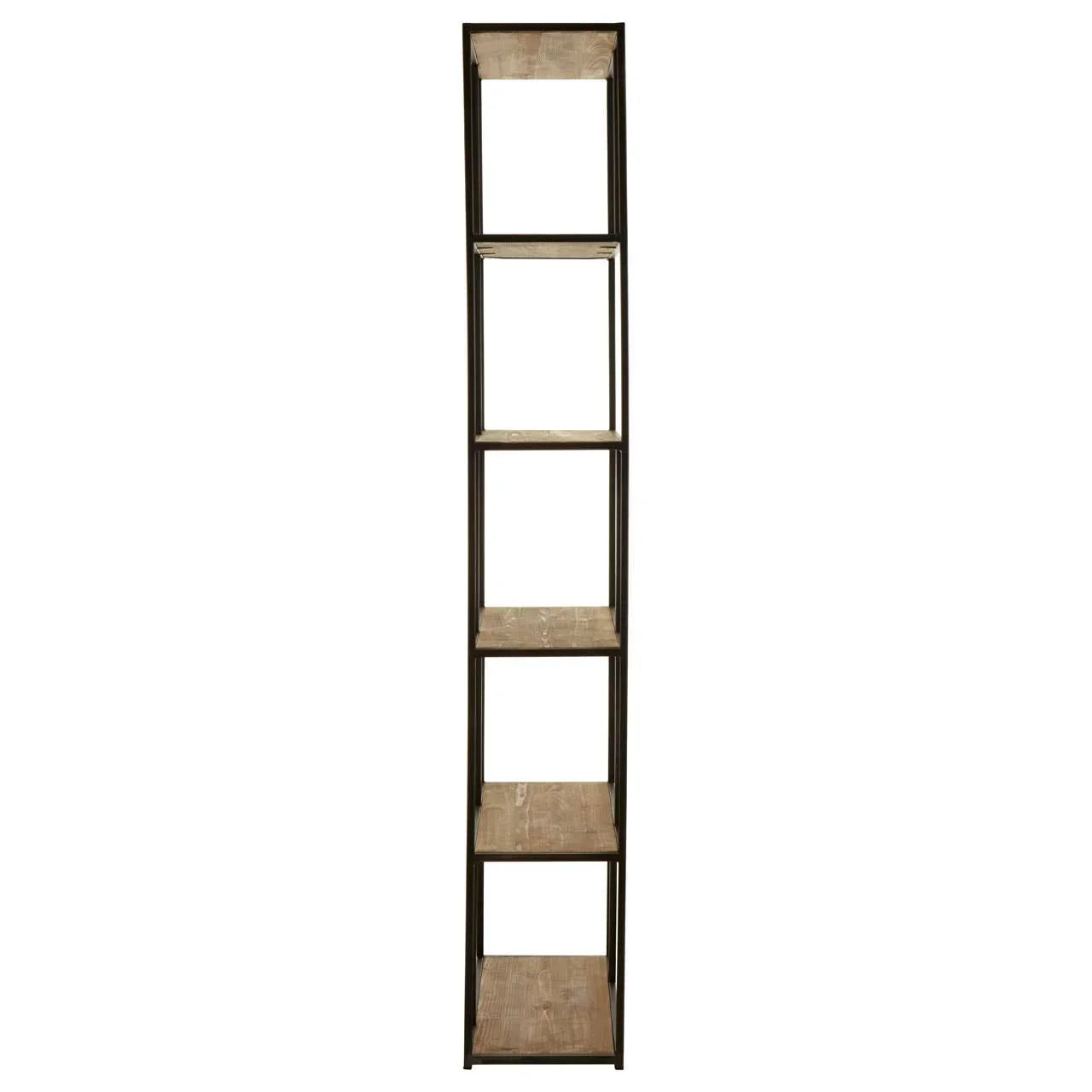 Tall narrow shelving unit with five wooden shelves and black metal frame, front view