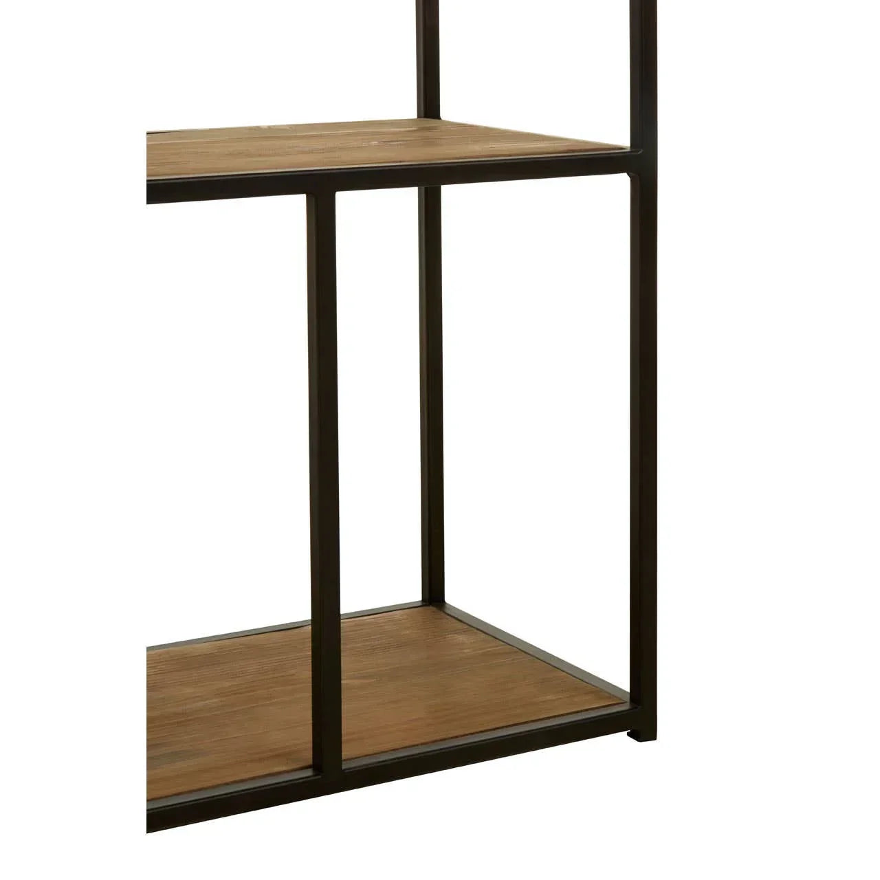 Close-up of wooden shelving unit with black metal frame and two visible shelves
