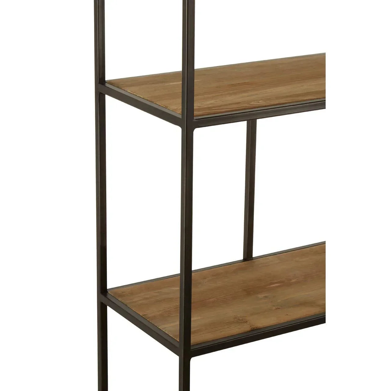 Close view of metal frame shelving unit with wooden shelves