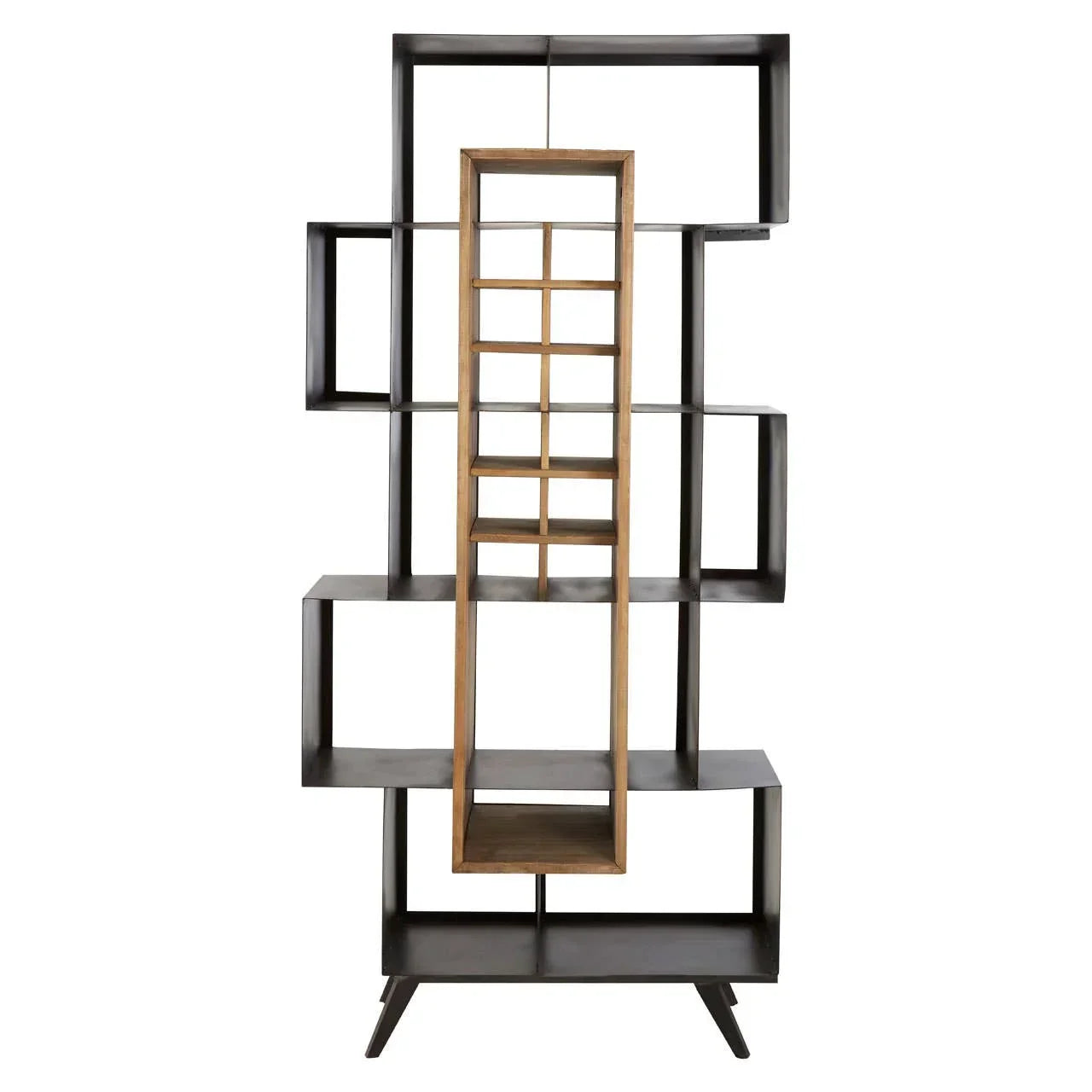 Modern geometric bookshelf with black metal frame and central wood shelving unit